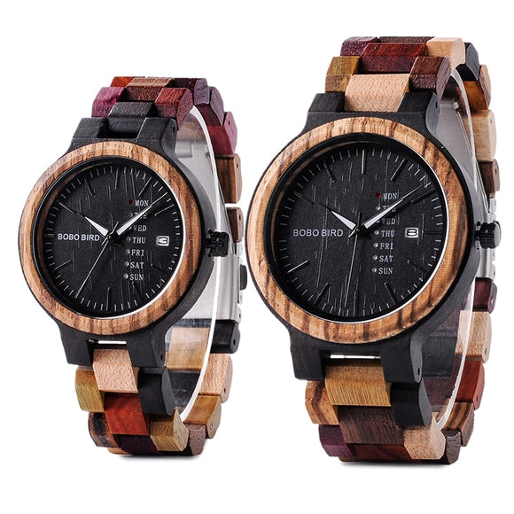 Wood Watch Men Women Quartz Week Date Timepiece Colorful Wooden Band